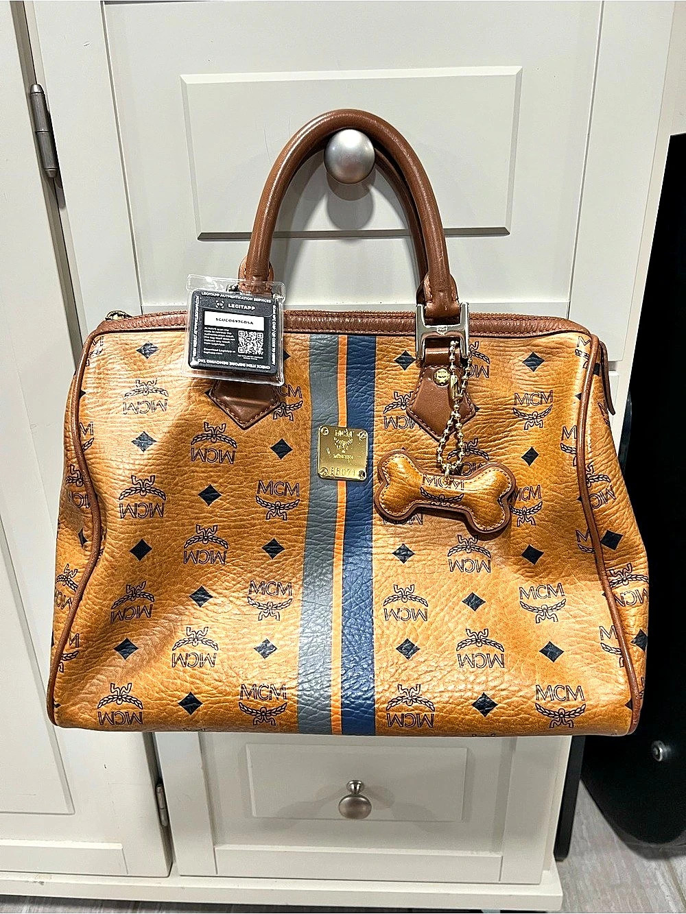 MCM Vintage Cognac Visetos Striped Boston Bag Brown & Blue